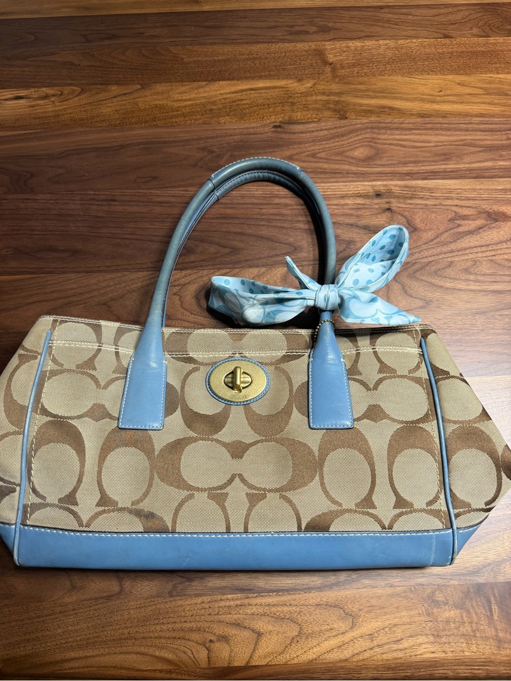 Coach Beige Signature Canvas Tote with Light Blue Leather Trim